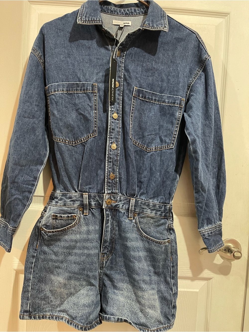 Fashion Nova Dark Blue Denim Button-Up Romper